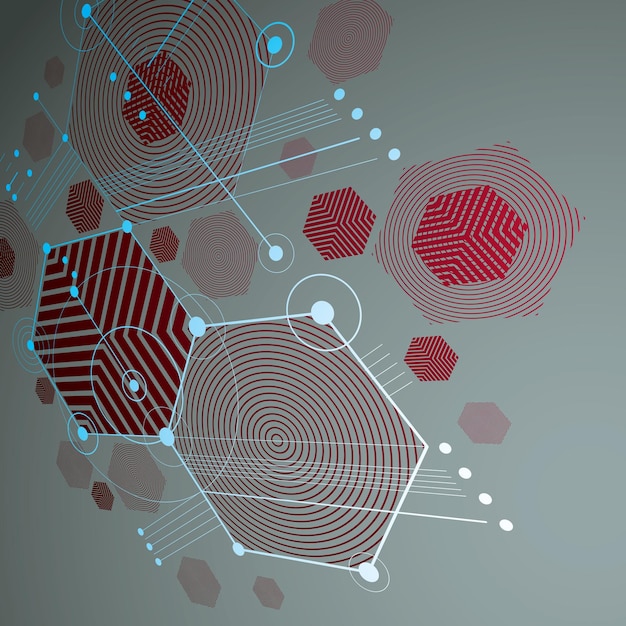 Bauhaus retro wallpaper, perspective red art vector background made using lines and honeycombs. Geometric graphic 1960s illustration can be used as booklet cover design.