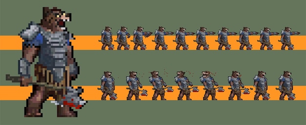 bear knight holding bloody axe chracter pixelart animation spritesheet ready to use walk cycle run