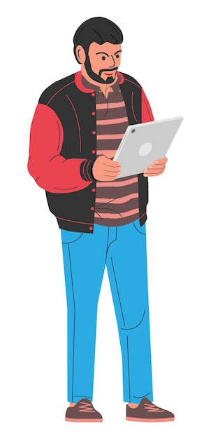 bearded fashionable man holding tablet computer guy in casual clothes with tablet pc male character in jacket and jeans with computer it engineer standing pose cartoon flat vector illustration