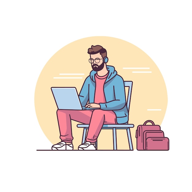 Bearded man using laptop seated chair casual attire work remote location headphones focused