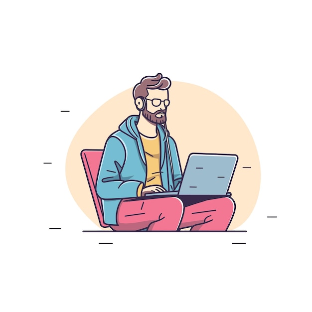 Bearded man working remotely using laptop concentrated freelancer typing casual male cartoon
