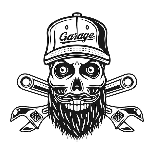 Bearded skull of mechanic in baseball cap with inscription garage and two crossed adjustable wrenches vector illustration isolated on white background