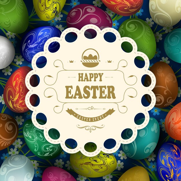 Beautiful composition with a set of Easter eggs and a light round frame with stitched braid.