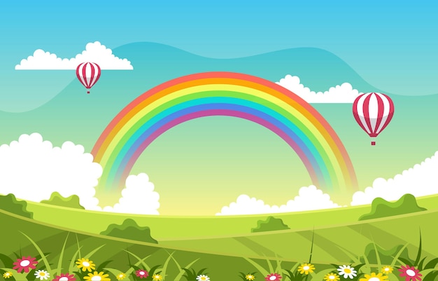 Beautiful Rainbow in Summer Nature Landscape Scenery Illustration