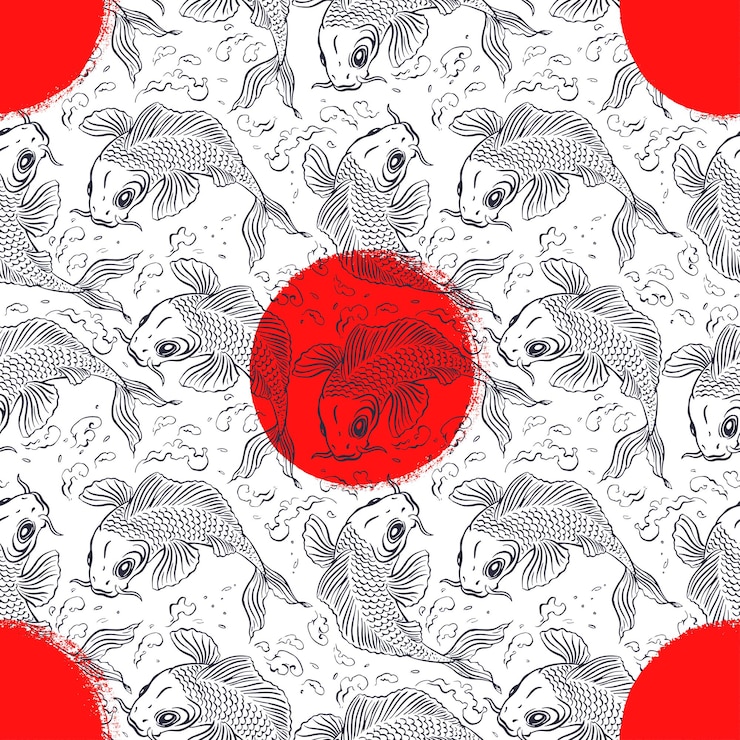Vektör beautiful seamless background with japanese carps in the red circle. hand-drawn illustration