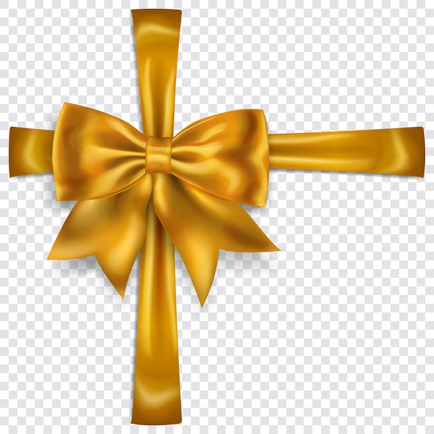 Beautiful yellow bow with crosswise ribbons with shadow on transparent background