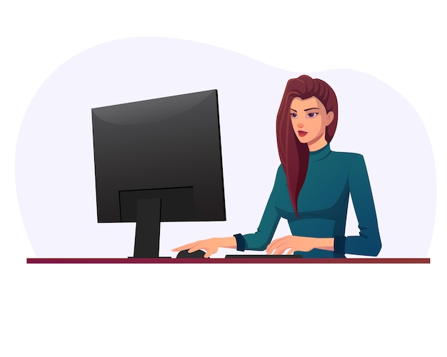 Beautiful Young Woman Working On A Computer Desk And Looking At Monitor