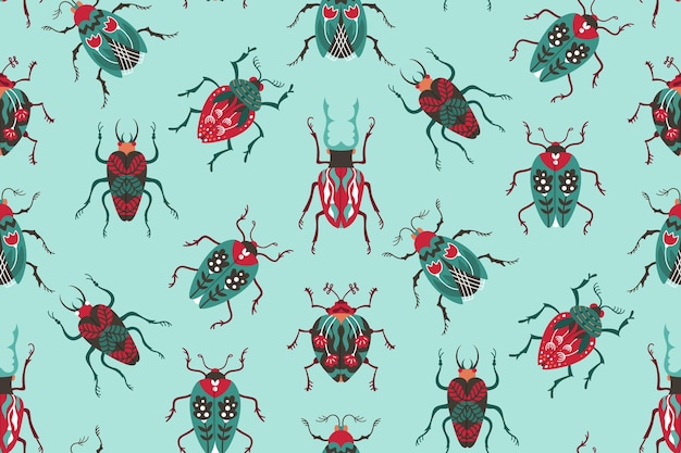 beetles seamless pattern whimsical retro art insects fantasy bugs patterned wings endless background