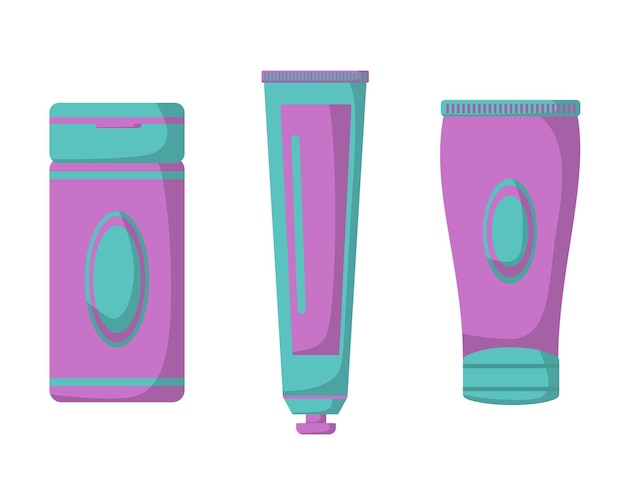 Behind the body cosmetic set consisting of shampoo, toothpaste, hand cream in purple mint color, vec