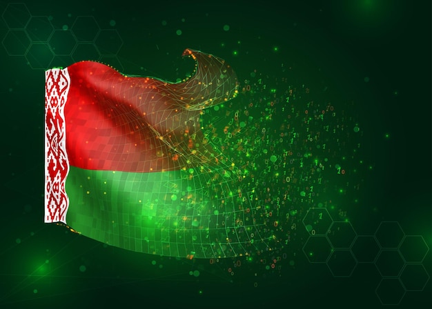 Belarus on vector 3d flag on green background with polygons and data numbers