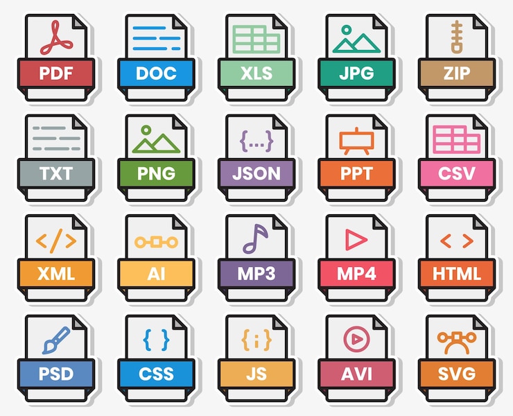 Belge file formatı klasörü pdf doc xls jpg zip txt png json ppt csv xml ai mp3 mp4 html psd css js