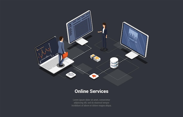 benchmarking online services for trading woman consulting man about financial markets forecast modern technology and application for investment on stock market isometric 3d vector illustration