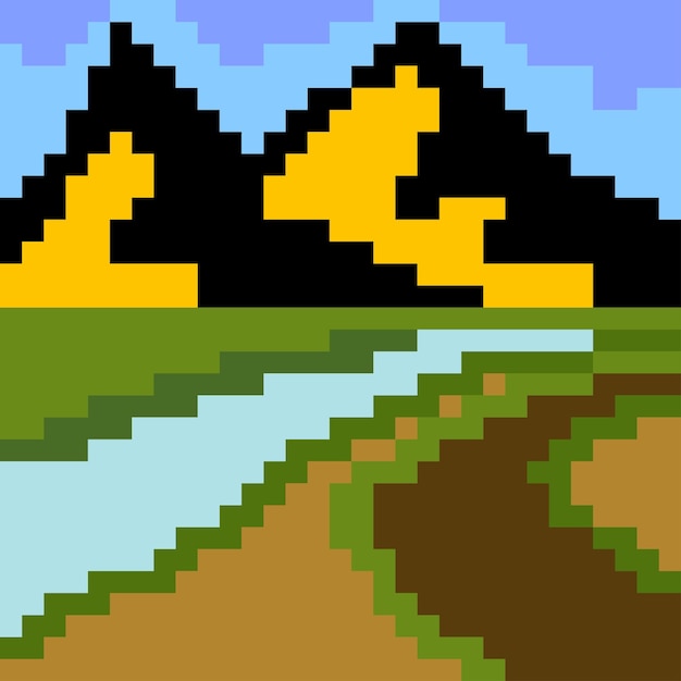 Berg- och flodlandskap i pixelkonststil