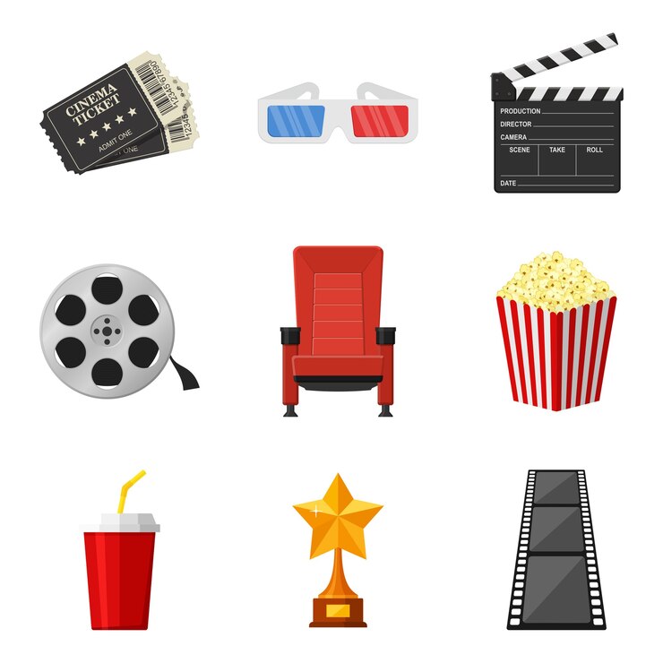 Beyaz arka plan üzerinde düz stilde sinema simgeleri seti. Sinemada film kiralamak ve izlemek için dekoratif öğeler. Sinema aksesuarları. Film konsepti.