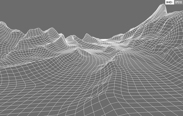 Beyaz arka plan üzerinde tel kafes manzara Soyut geometrik vektör teknolojisi arka planı 3D vektör dijital arka plan