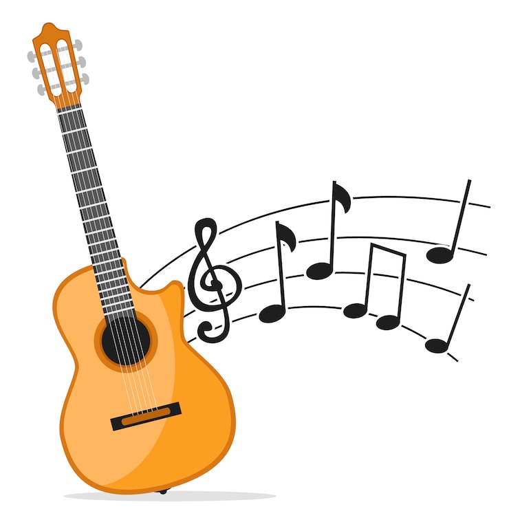 Vektör beyaz bir arka plan üzerinde müzik aleti gitar ve notalar. gitar müziği