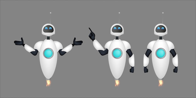 Beyaz uçan robotlar seti. Sohbet robotları. Uygulama ve oyun tasarımı için iyi. Gerçekçi stil. Vektör.