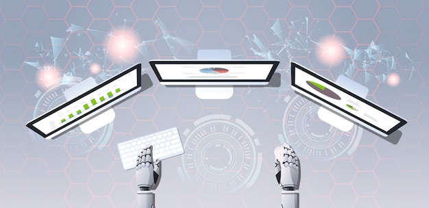 big data analyze bot concept robot at workplace analytics business report financial results on