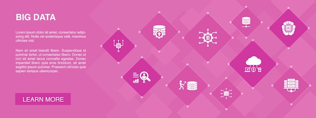 big data banner 10 icons concept.database, artificial intelligence, user behavior, data center simple icons