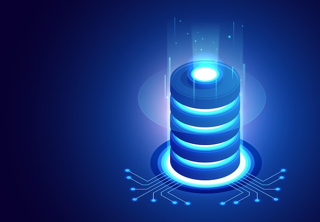Big data storage and cloud computing technology machine learning artificial intelligence concept Data center room with abstract data servers and glowing led indicators