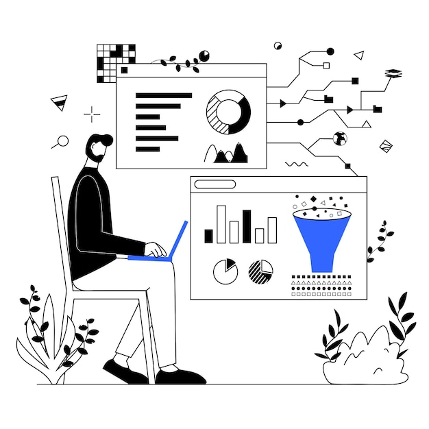 Big date analysis conceptCharacter with laptop analyzing tables charts and graphs