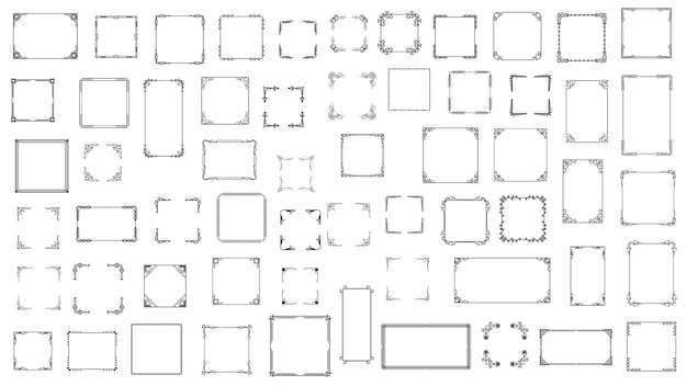 big set black simple line frame collection doodle square floral frame elements vector design style