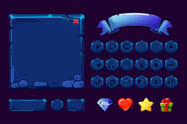 big set cartoon neon blue stone assets and buttons for ui game,  gui icons