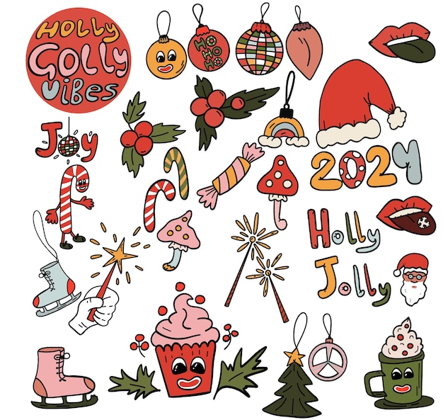 Big set of groovy christmas icons hand drawn