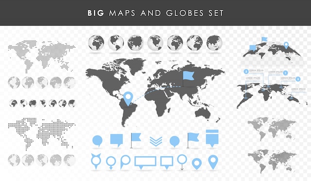 big set of maps and globes. pins collection. different effects. transparent vector illustration