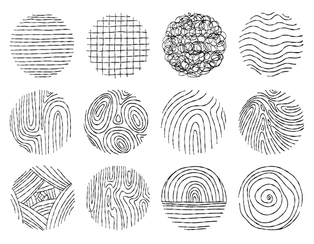 Big Set of round Abstract black Backgrounds Hand drawn doodle shapes Spots Lines