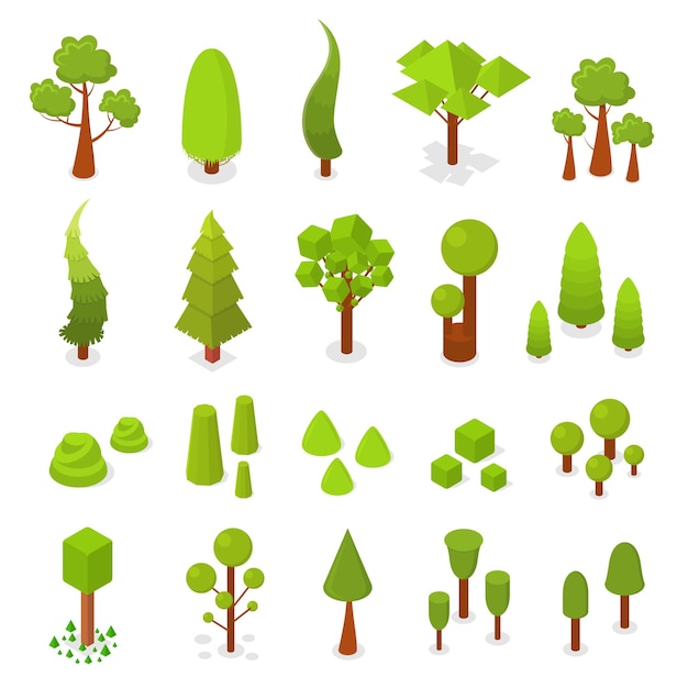 Big set of trees. Isometric view. Shrubs and spruce. Isolated on white background. 3D plants for games, maps and other designs. Vector illustration.
