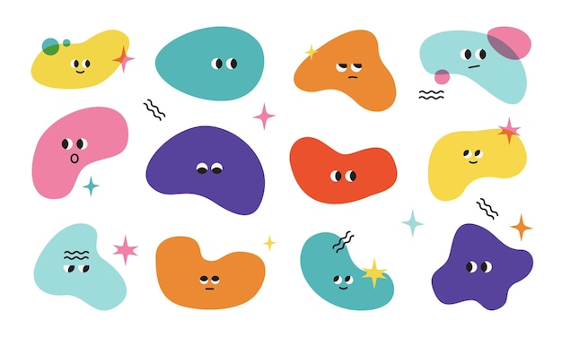 big set of various bright blobs with face emotions of different shapes hand drawn illustration