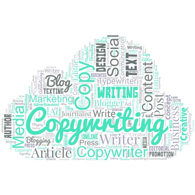 big word cloud in the shape of cloud with word copywriting writing the text of advertisements or publicity material