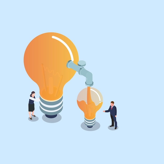 Bigger lightbulb sharing ideas to smaller one isometric 3d
