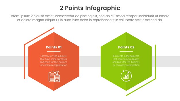 Bilgi grafiği şablonu başlığı için, petek şekli dekorasyonu, iki noktalı liste bilgisi vektörlü, karşılaştırma veya kıyaslama konsepti