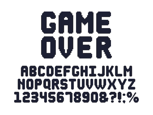 Bilgisayar 8 bit oyun yazı tipi. Retro video oyunları piksel alfabesi, 80'ler oyun tipografi tasarımı ve piksel harfler seti