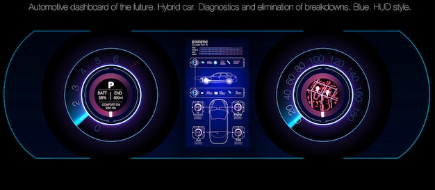 Bilinstrumentbräda för framtiden. Hybridbil. Diagnostik och eliminering av haverier. Blå. HUD-stil. bild.