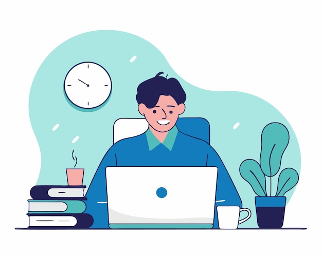 Billede af Freelancer-mand, der arbejder som freelancer hjemmefra lavet illustration