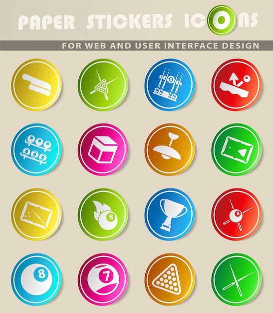 Billiards vector icons on colored paper stickers