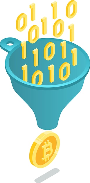 binary code is being processed through a funnel transforming into a bitcoin cryptocurrency symbolizing data mining or cryptocurrency generation