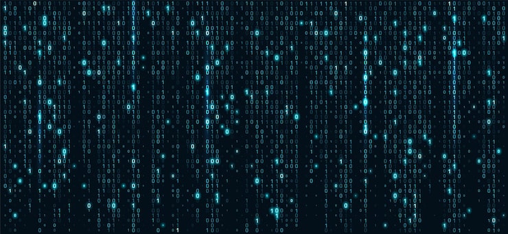 Vektor binary code matrix on blue cyber background with abstract data streams and glowing lines technology concept with computer numbers in digital network pattern for futuristic programming visualization