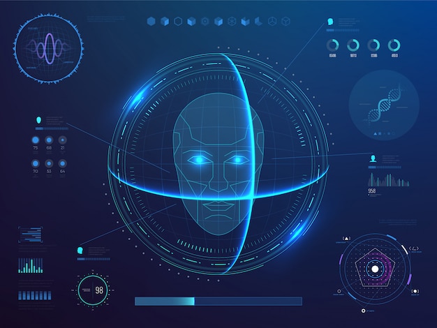 Biometrics digital face scanning, facial recognition software with hud interface, charts, diagram and dna detection data