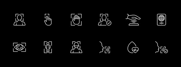 Biometrics icon set Scanner of body face finger retina blood test White line icon on black background Vector line icon for business and advertising