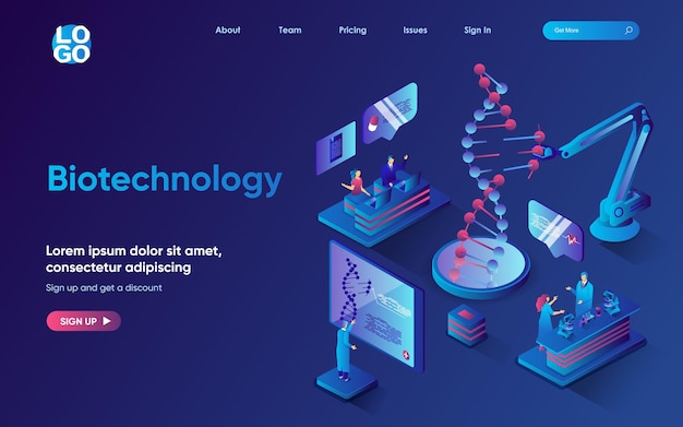 Biotechnology concept isometric landing page Scientist team working with DNA molecule