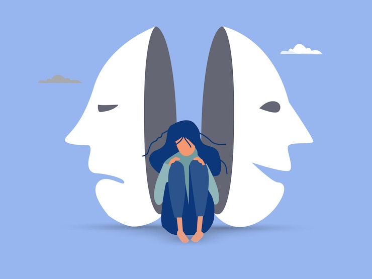 Vektör bipolar disorder multi personality or emotional intelligence change feeling or mood anxiety disease or depression concept disguise mask face with one happy smiling and other sad and sorrowful