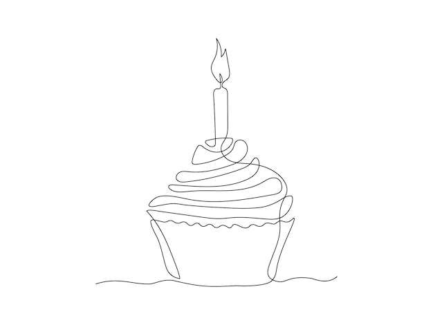 birthday cake cupcake cake with candle continuous single line art hand drawing sketch