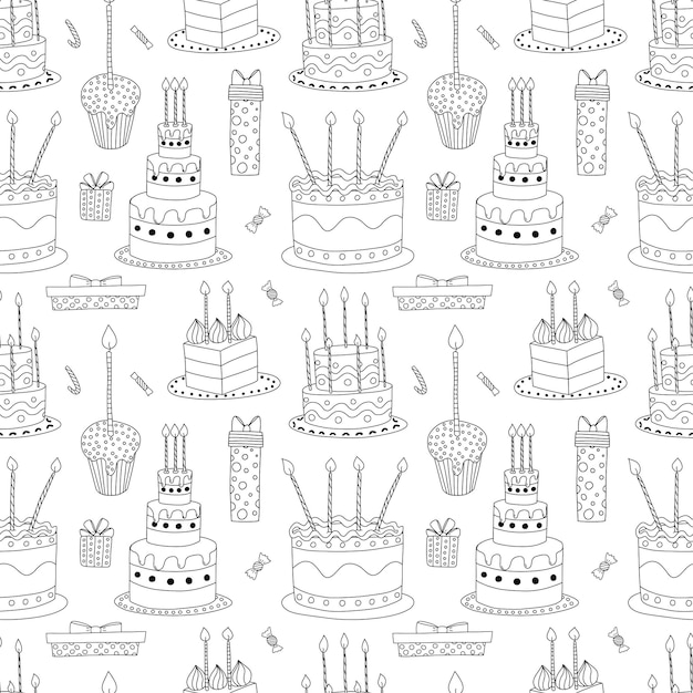 Birthday cakes and gift boxes vector seamless pattern Hand drawn cakes with candles and gift boxes