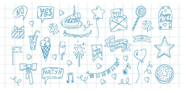 birthday doodle set of happy birthday sketches on the background of a checkered notebook sheet