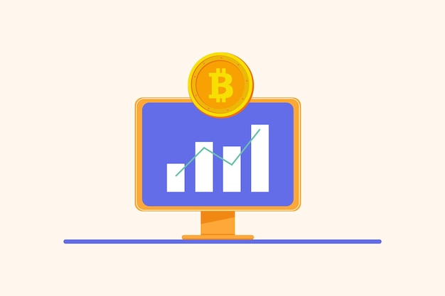 bitcoin bar chart in computer Crypto bitcoin digital money concept Flat design vector illustration