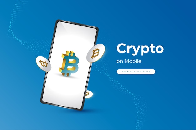 Bitcoin Cryptocurrency with Smartphone on Blue Background. . Bitcoin Crytpo on Mobile. Digital Currency Background